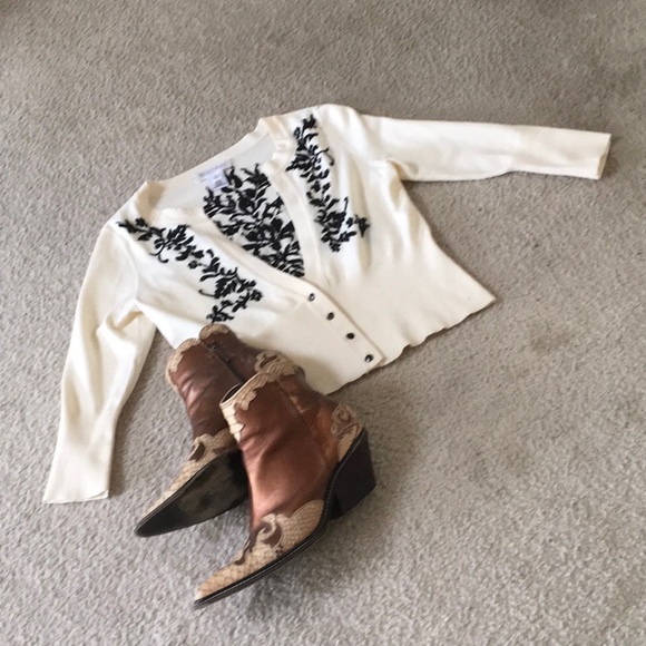 White House Black Market Sweaters - WHBM/RARE-IVORY & BLACK EMBROIDERED BEAD-SEQUIN CARDI